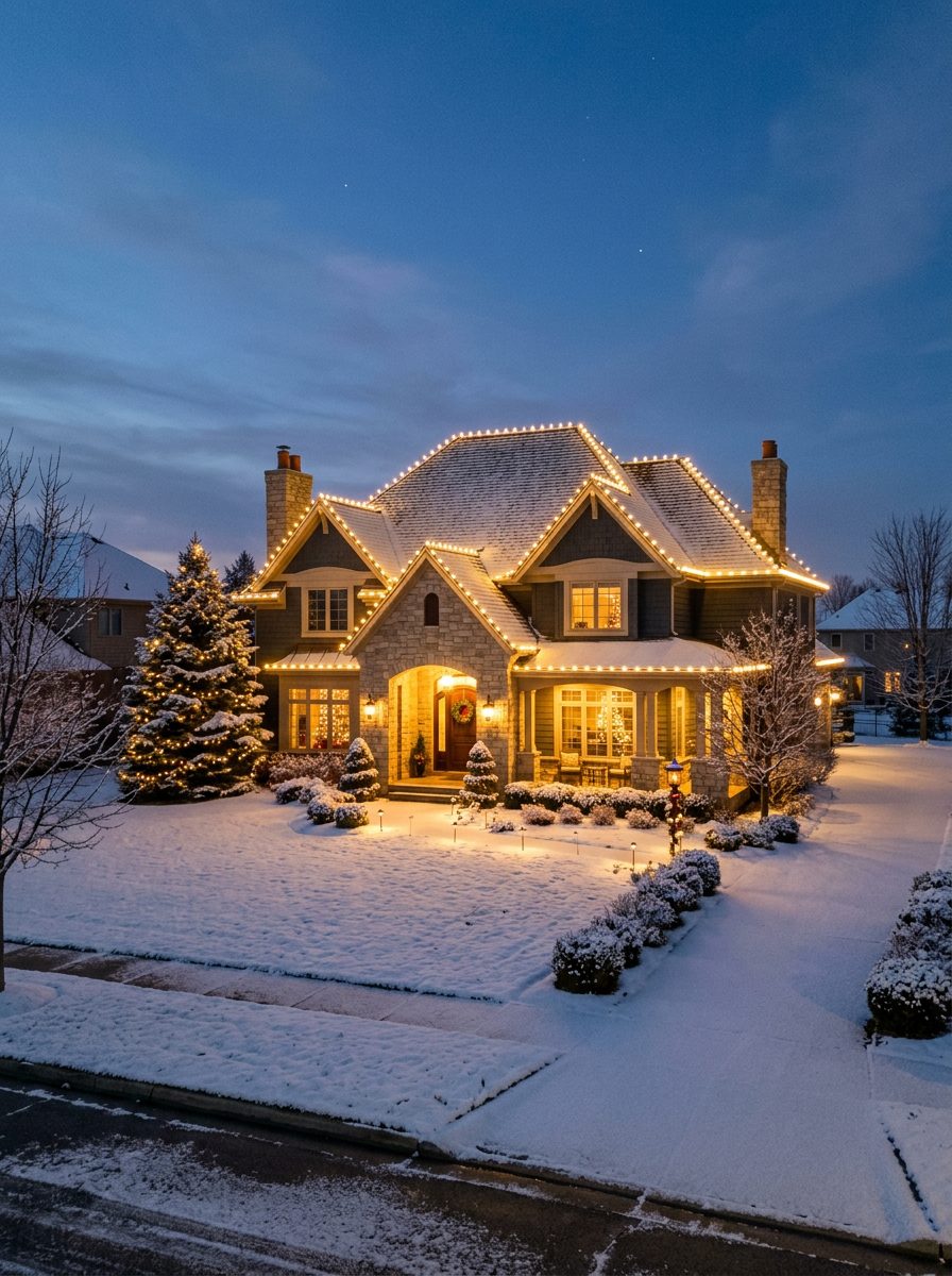A luxury home outlined with warm-white Christmas lights at dusk with snow-dusted lawn.