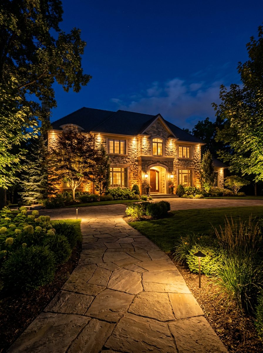 A stone-facade home at night with warm architectural landscape lighting.