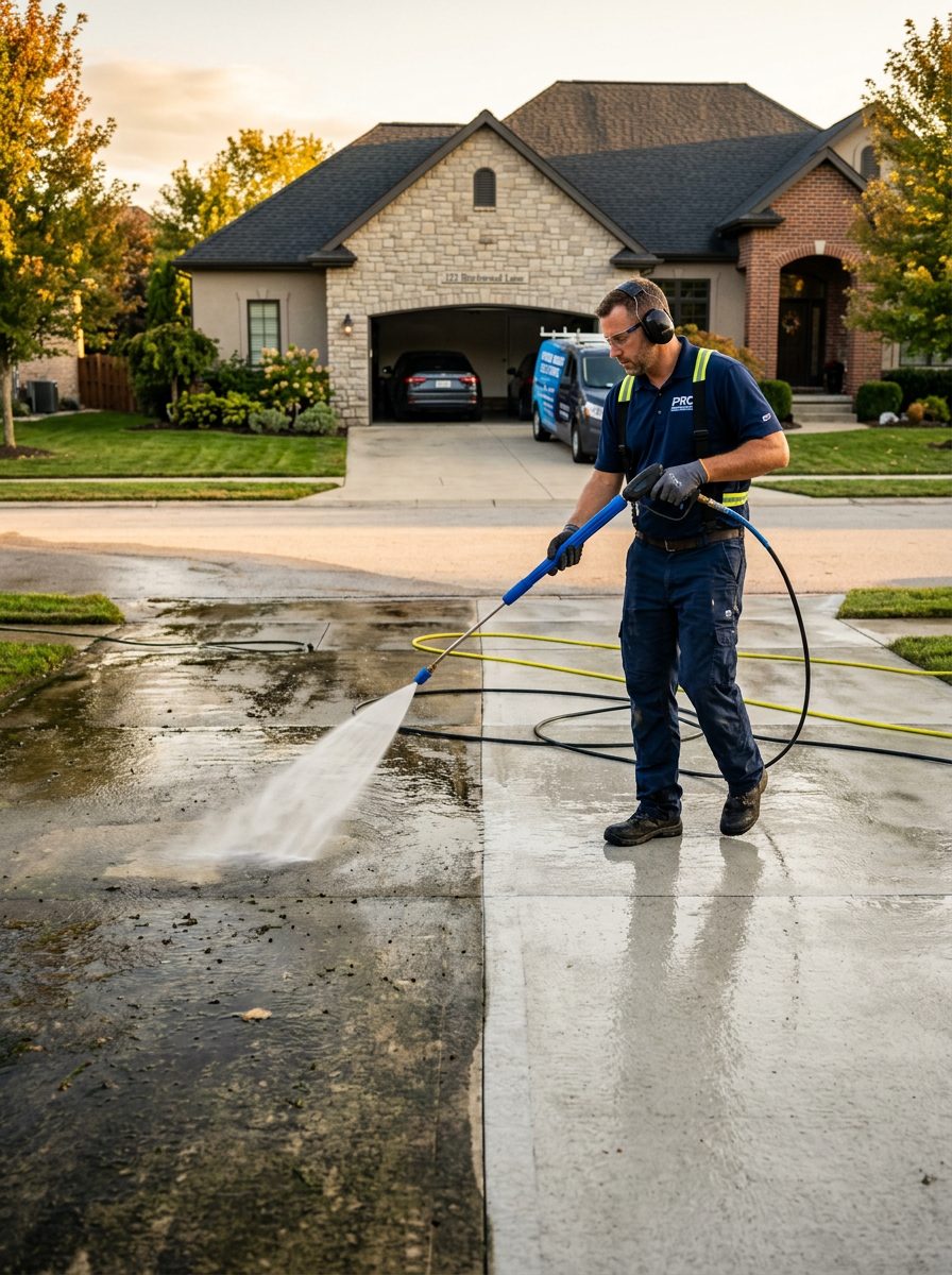 A contractor pressure washing a driveway, revealing clean concrete against the untreated side.